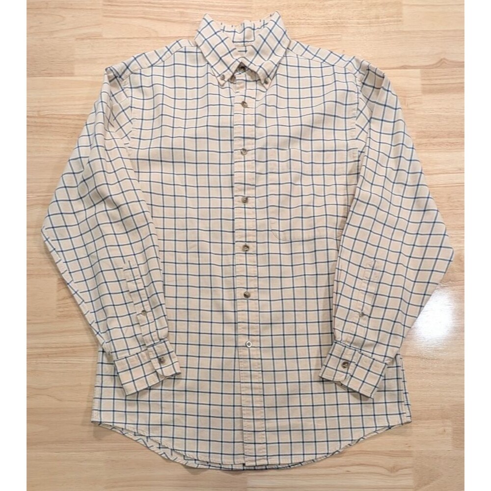 Lands' End Direct Merchants Shirt Small S 14-14.5 Tan Tattersall Plaid Cotton LS